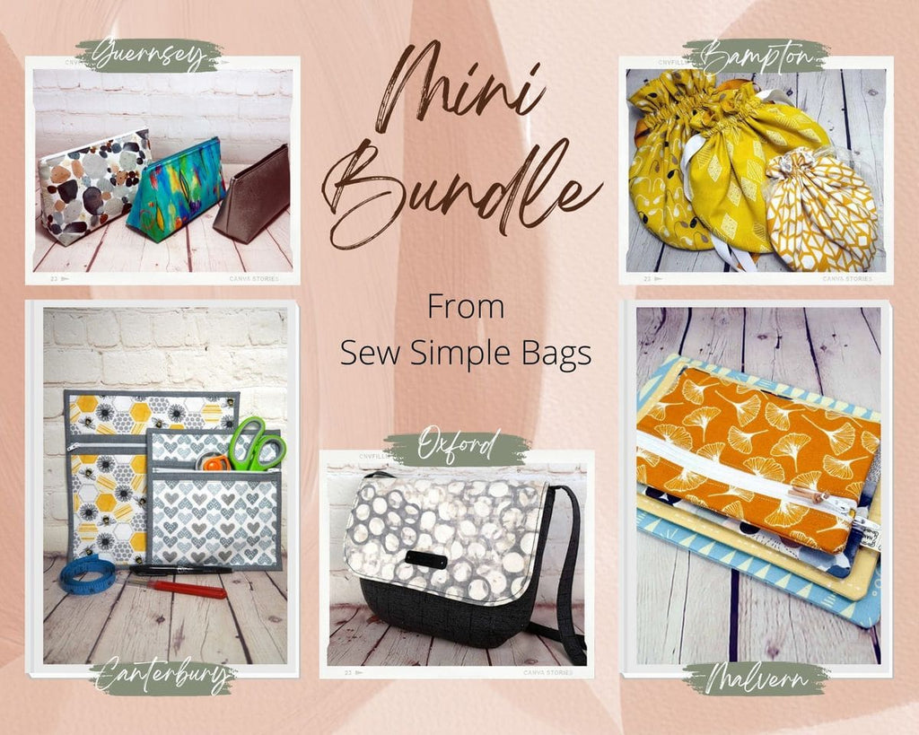 Five bag sewing patterns included in the Sew Simple Bags mini bundle